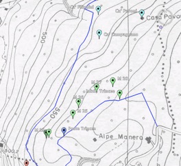 Posizione GPS delle postazioni di mitragliatrice Posizionamento su mappa con linee altimetriche delle postazioni di mitragliatrice nei pressi dell'agriturismo il carpio